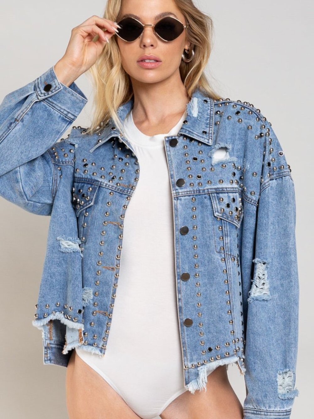 New POL Studded Distressed Denim Jacket | Boho Chic Metal Rivet Oversized Jacket